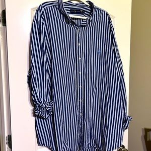 Like New Ralph Lauren Dress Shirt 4XLT - White & Blue Stripes with Navy Polo Man